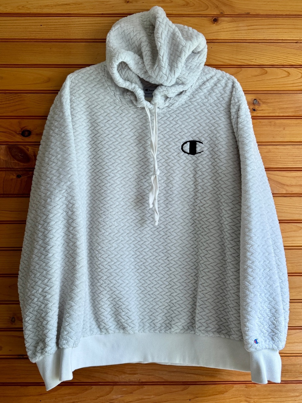 Champion Plush Fleece Hoodie XL Cream Herringbone Big C Logo Streetwear